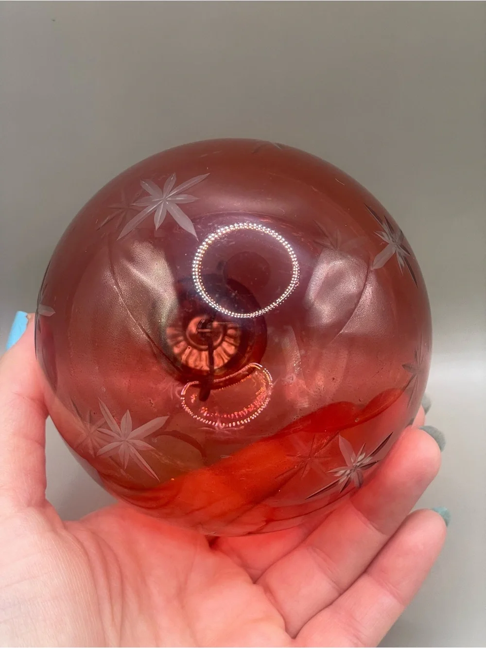 VTG Red Cut Glass Kugel Style 4” Christmas Ornament Not marked Heavy Snowflakes